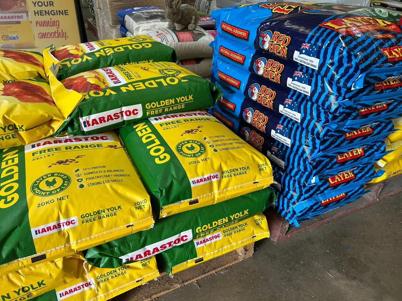 Poultry feed bags stocked at Drouin Grain Store